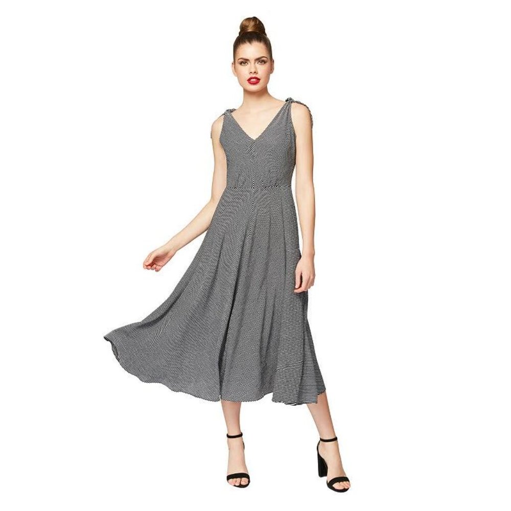 Betsey Johnson Women's Tie Shoulder V-Neck Midi Dress, Black/Ivory